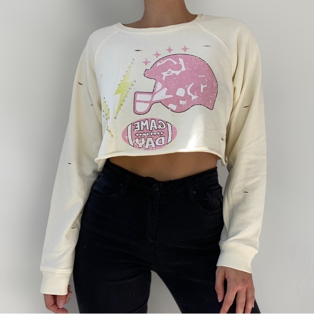 Blue B Collection Football Game Day Distressed Crop Sweater with Rhinestones - M